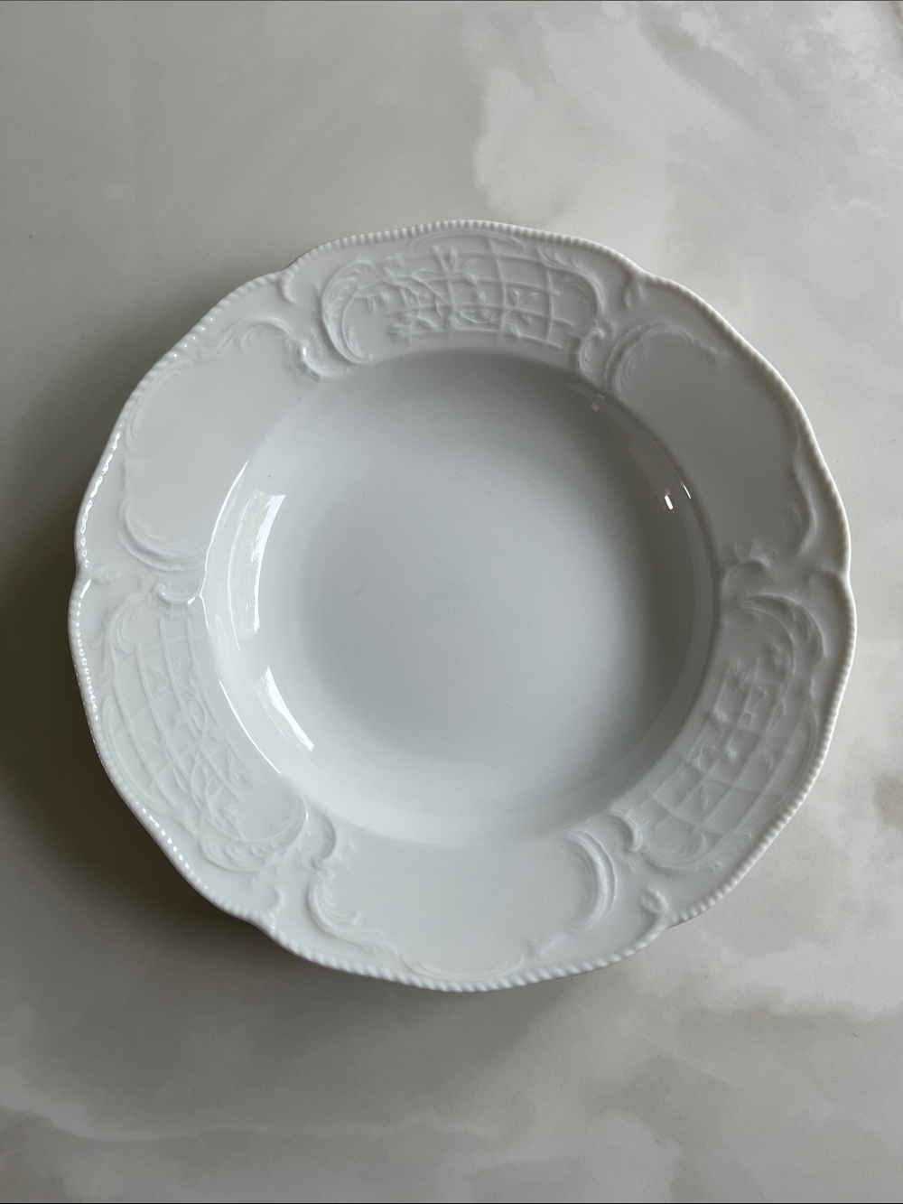Rosenthal Sanssouci White Rim Soup Bowls Classic Rose Embossed Germany Set of 2.